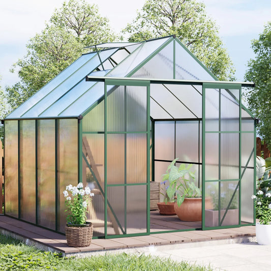 8x8 FT Premium Green Polycarbonate Greenhouse – Heavy Duty Double Door Walk-In.