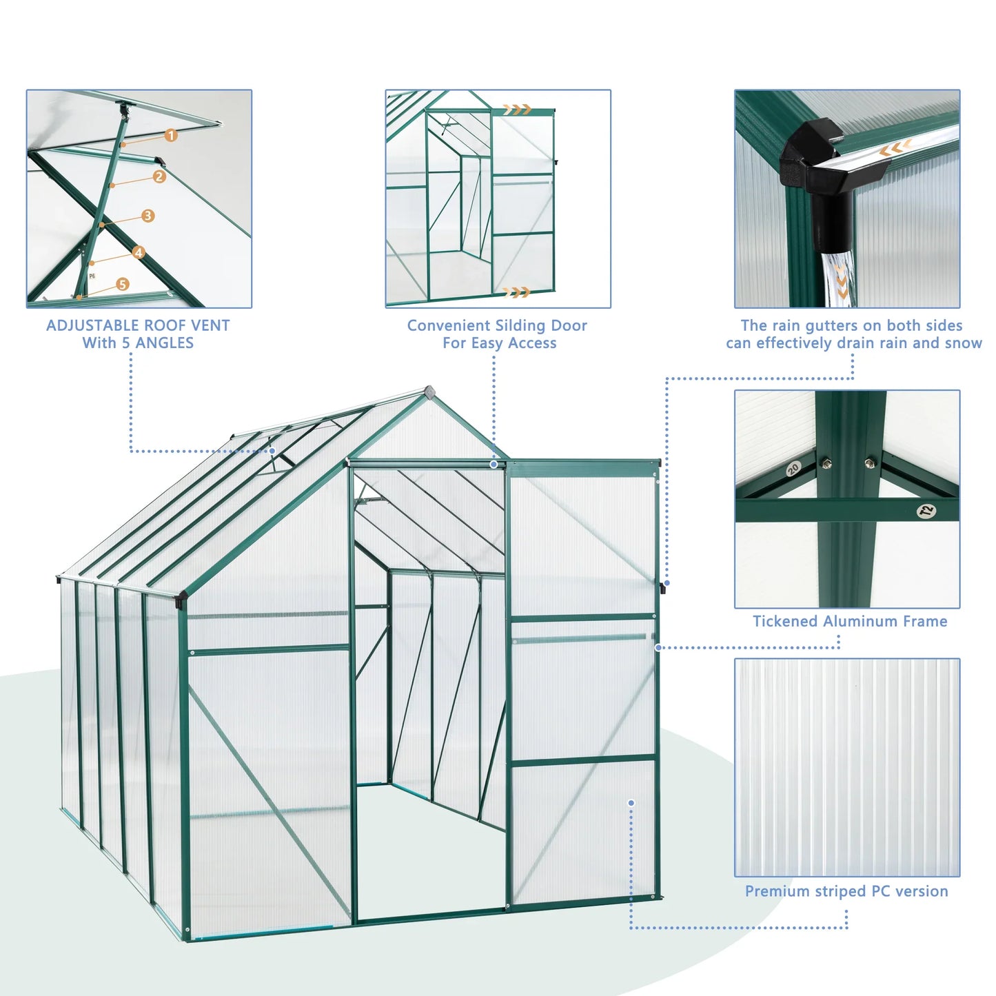 6x10 FT Green Heavy-Duty Aluminum Polycarbonate Greenhouse with Base
