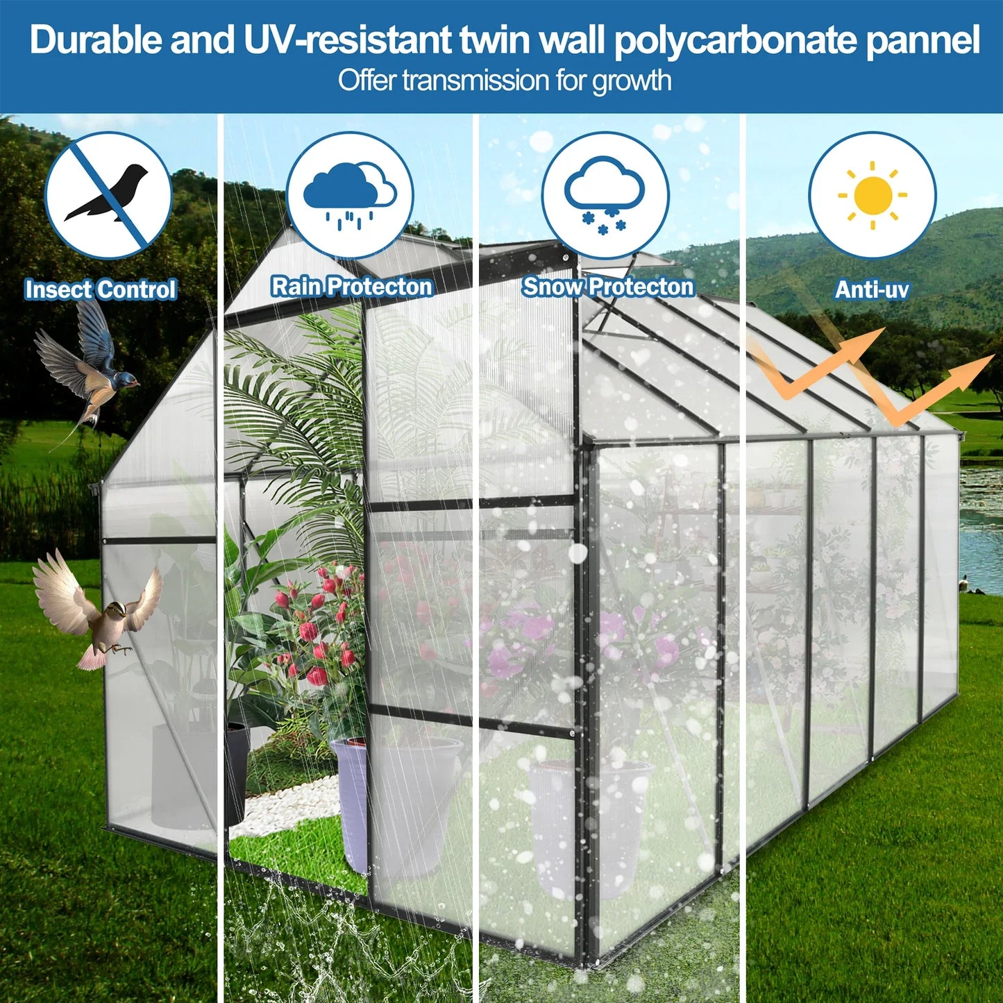 6x10 FT Modern Black Polycarbonate Greenhouse – Heavy Duty Aluminum with Raised Base