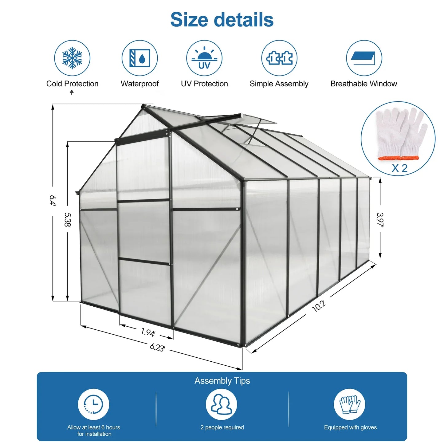 6x10 FT Modern Black Polycarbonate Greenhouse – Heavy Duty Aluminum with Raised Base