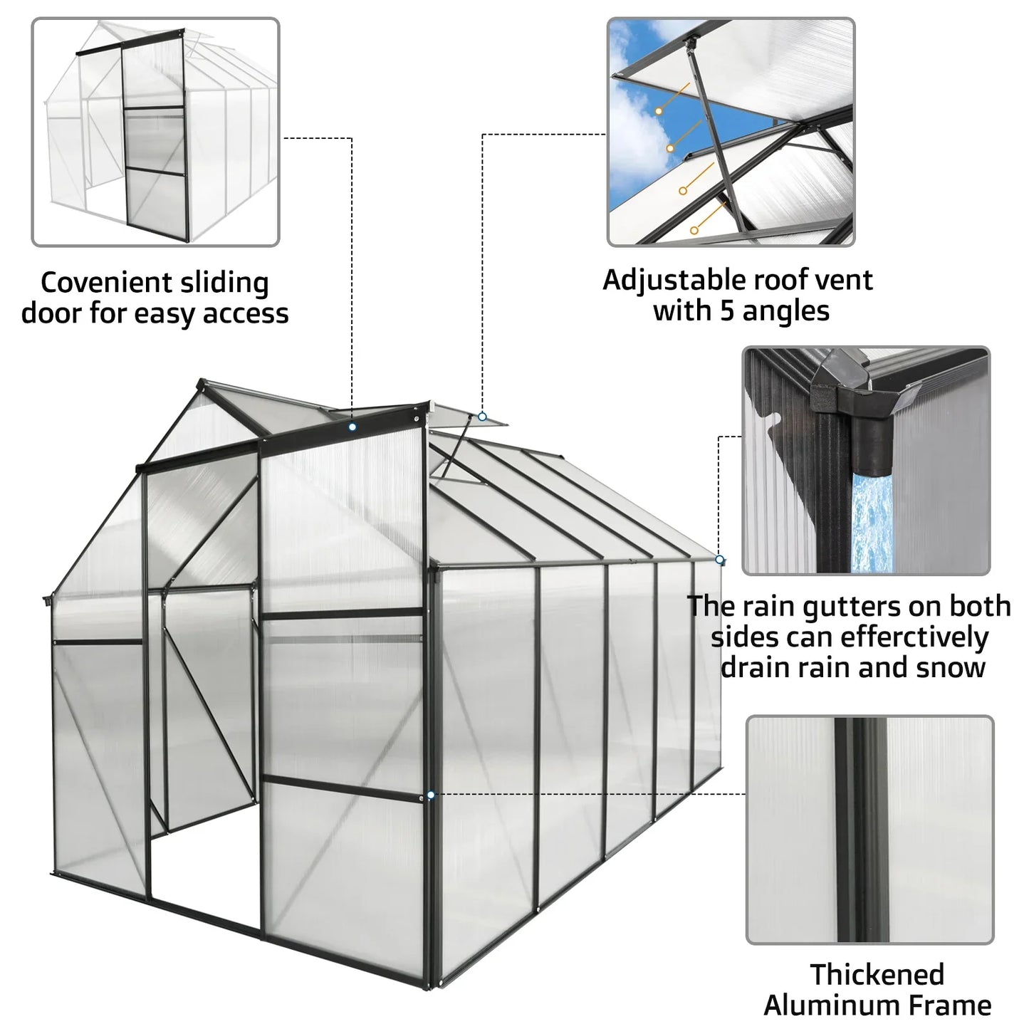 6x10 FT Modern Black Polycarbonate Greenhouse – Heavy Duty Aluminum with Raised Base