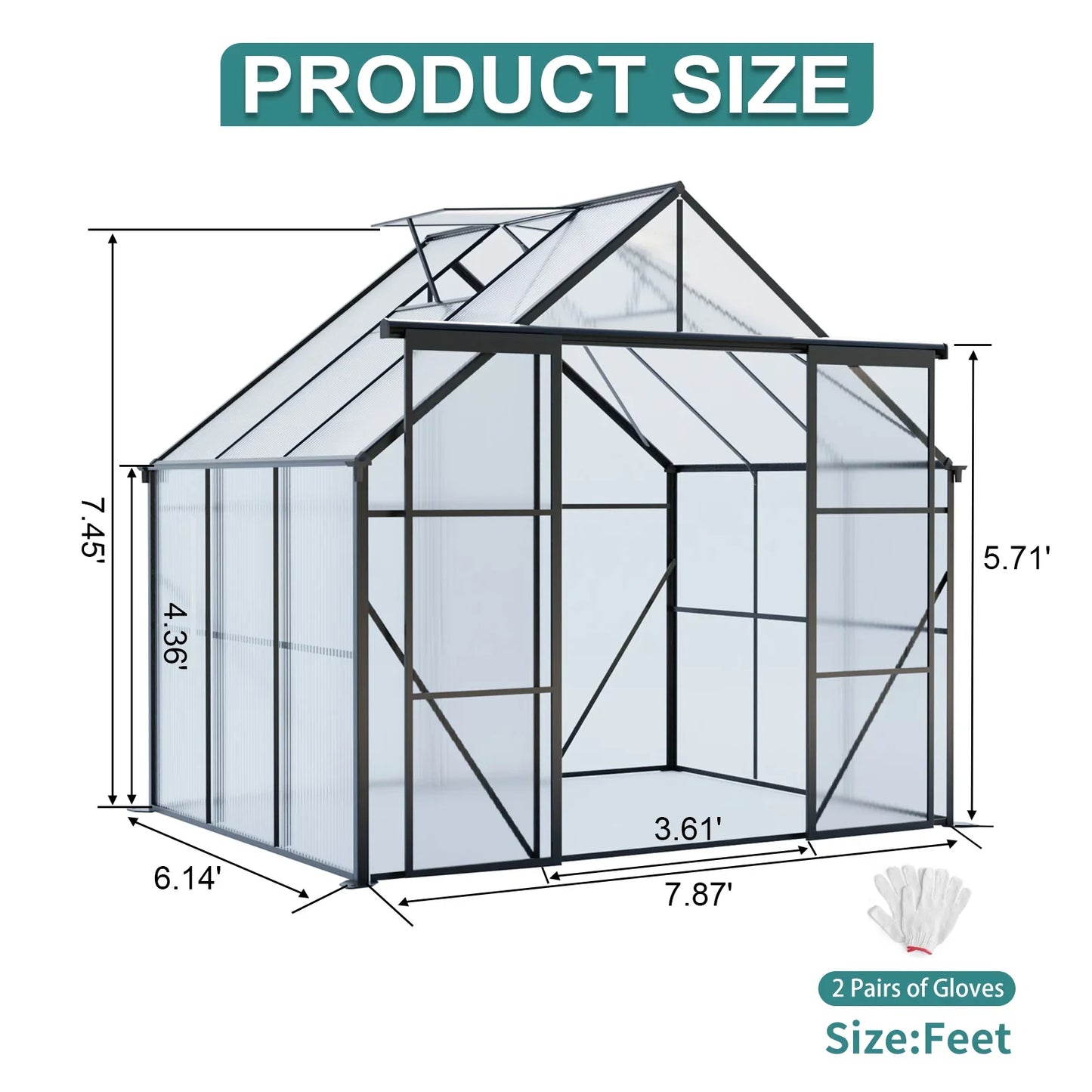 8x6 FT Modern Black Polycarbonate Greenhouse – Heavy Duty Double Door Walk-In