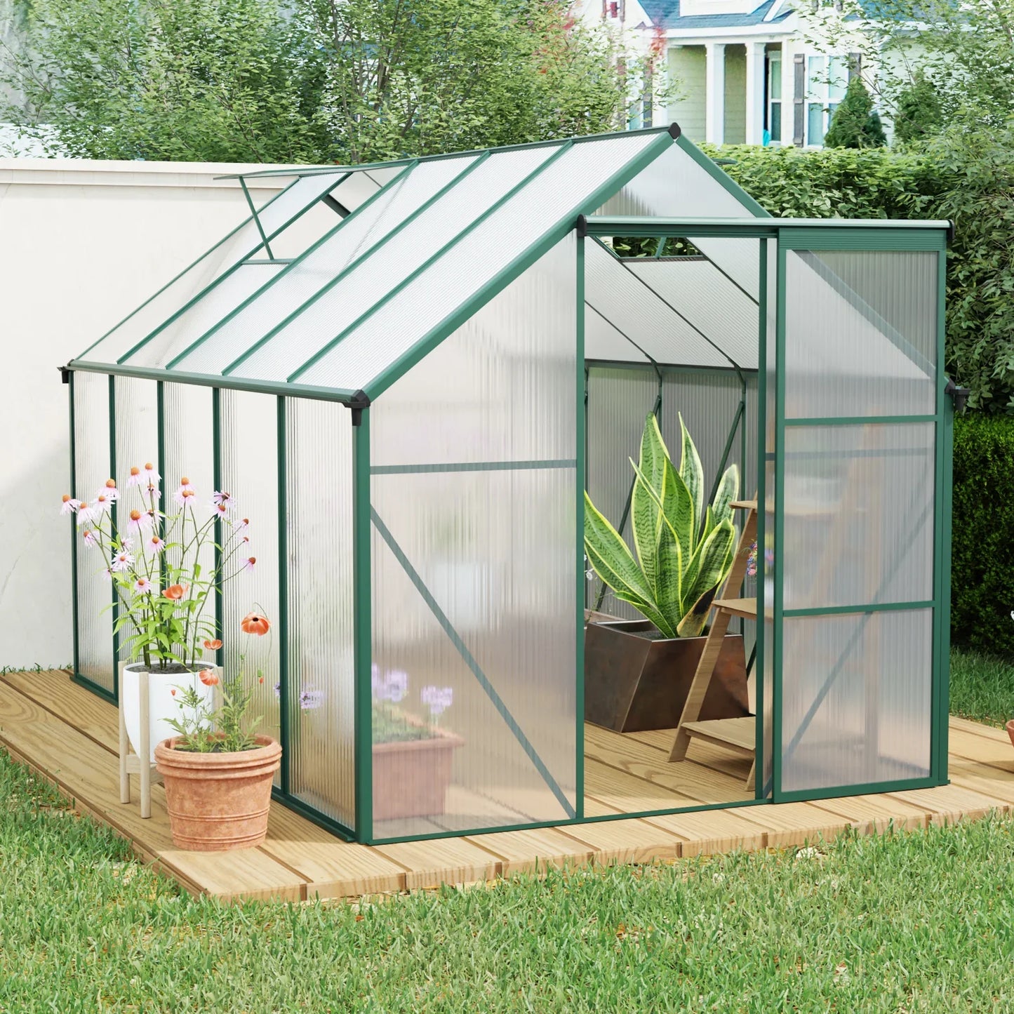 6x10 FT Green Heavy-Duty Aluminum Polycarbonate Greenhouse with Base