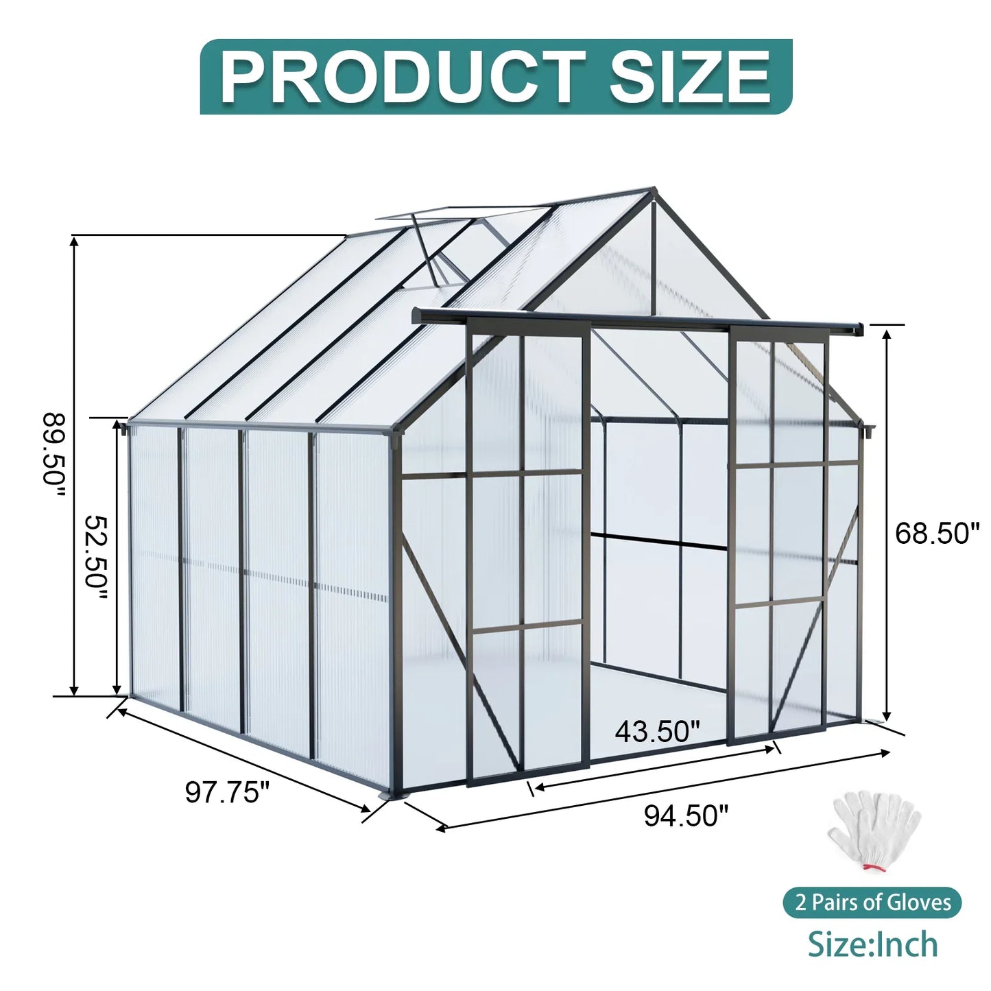 8x8 FT Modern Black Polycarbonate Greenhouse – Heavy Duty Double Door Walk-In