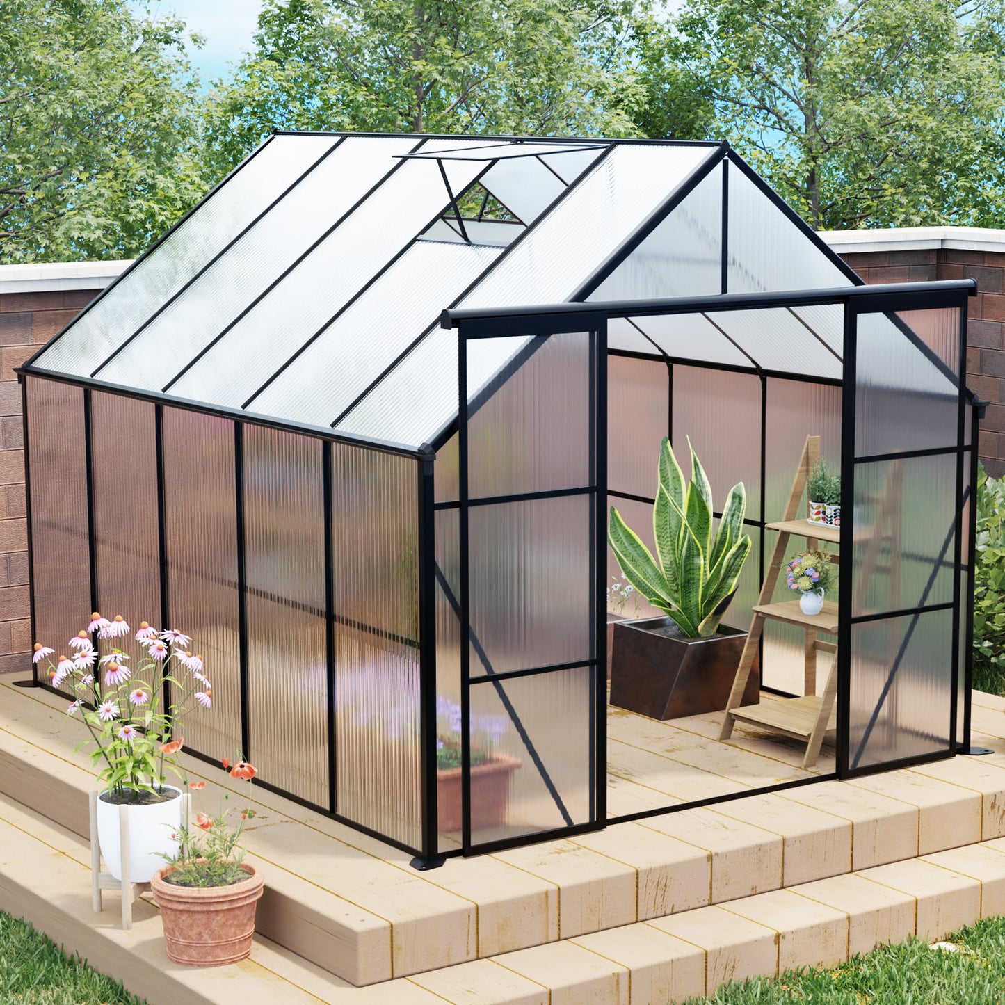 8x10 FT Modern Black Polycarbonate Greenhouse – Heavy Duty Double Door Walk-In