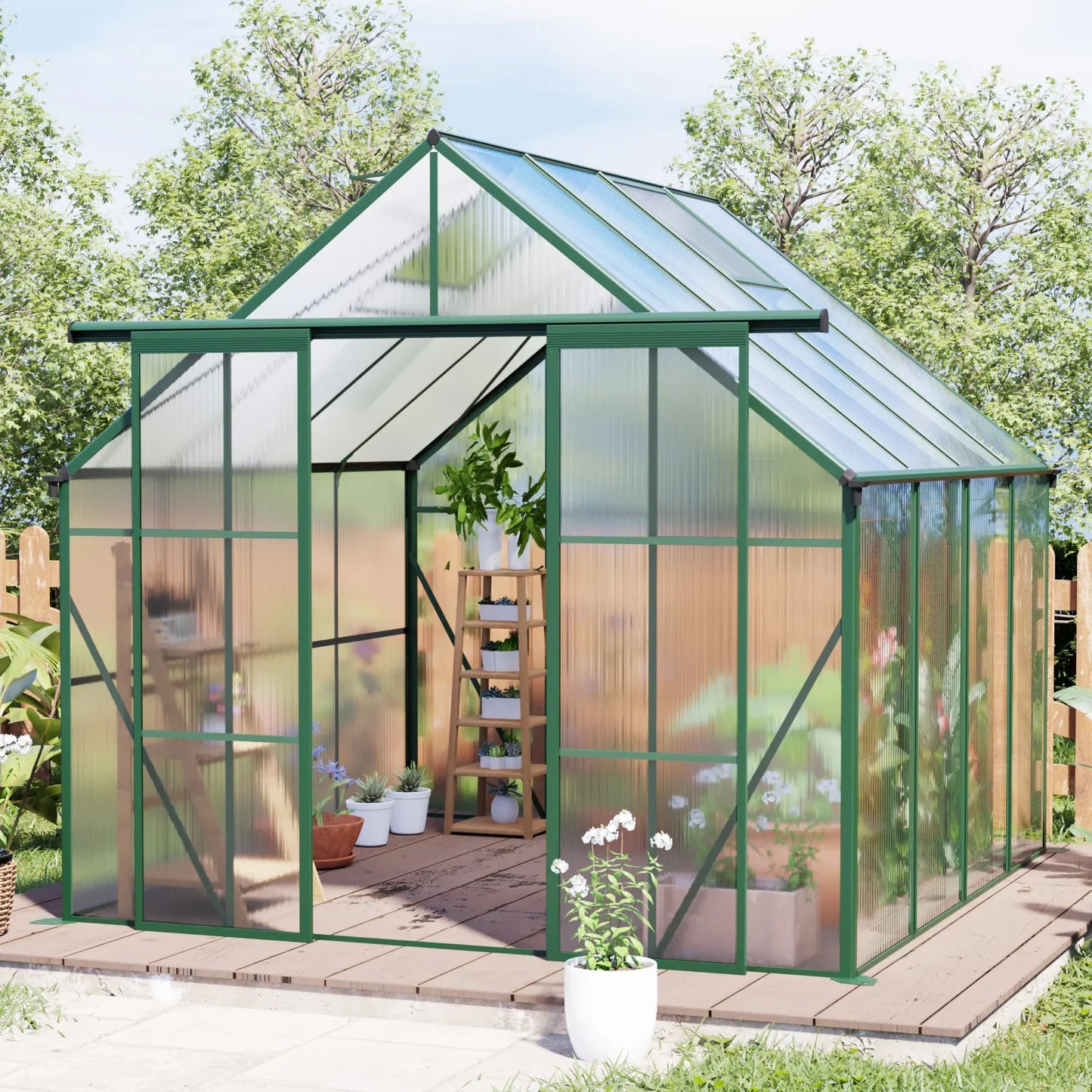 8x8 FT Premium Green Polycarbonate Greenhouse – Heavy Duty Double Door Walk-In