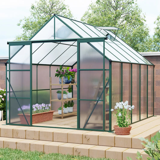 8x10 FT Premium Green Polycarbonate Greenhouse – Heavy Duty Double Door Walk-In