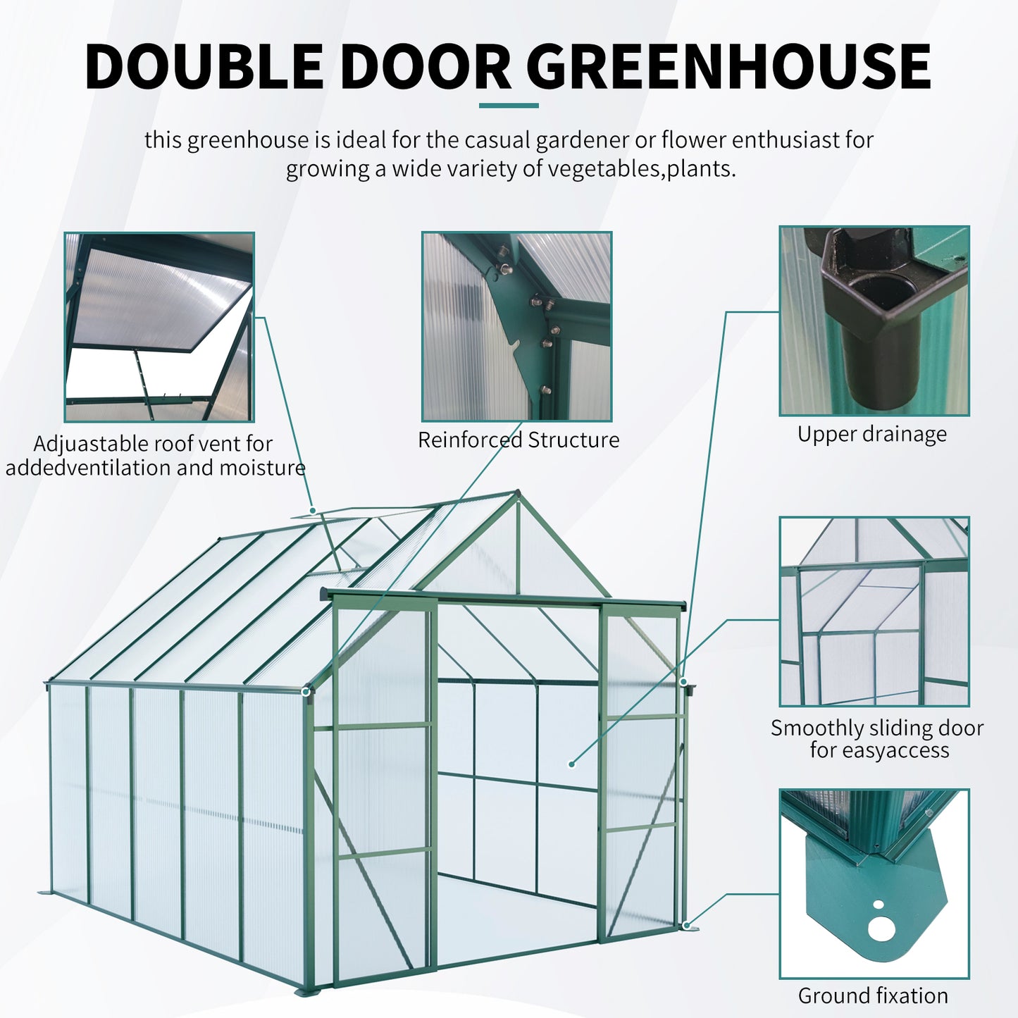 8x10 FT Premium Green Polycarbonate Greenhouse – Heavy Duty Double Door Walk-In