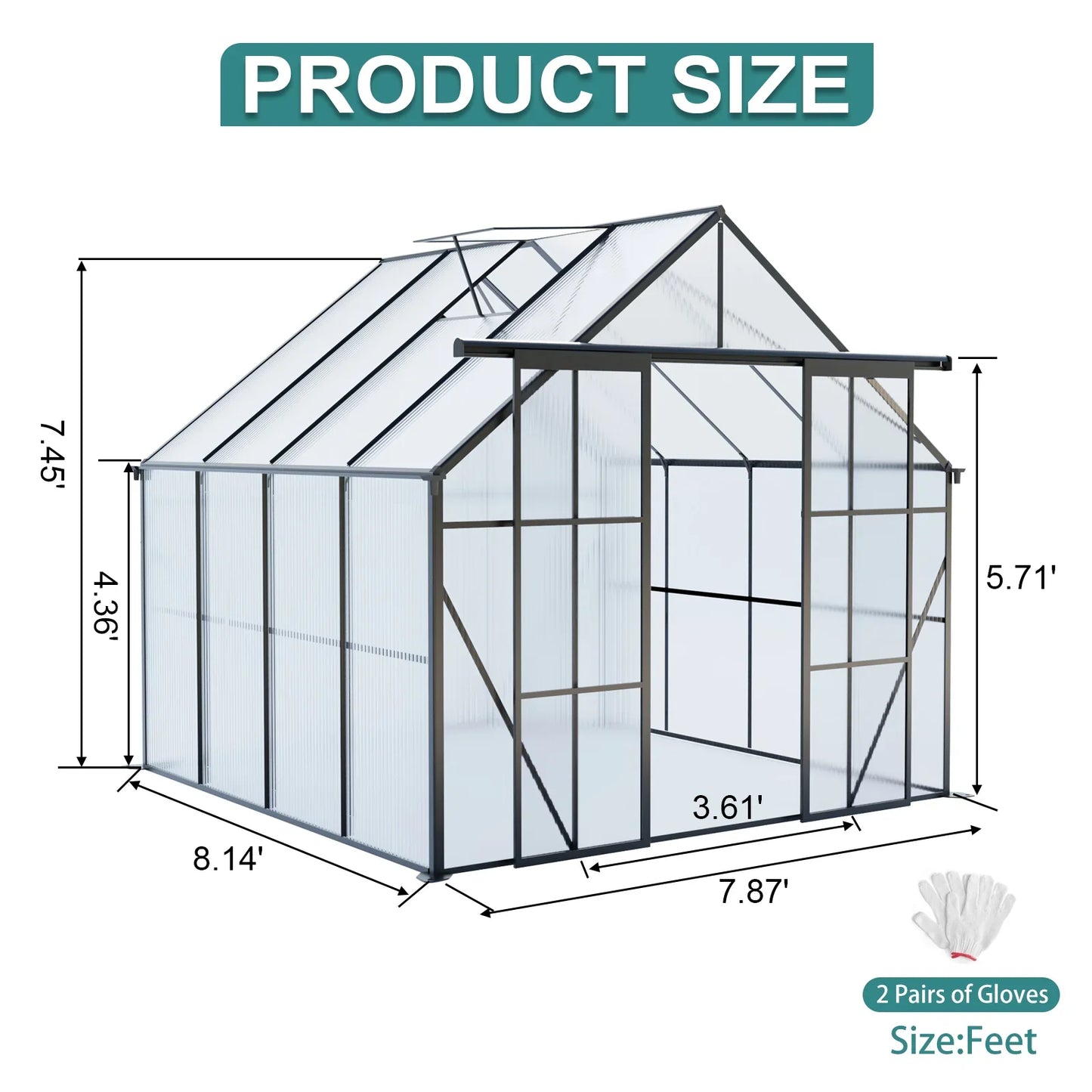 8x8 FT Modern Black Polycarbonate Greenhouse – Heavy Duty Double Door Walk-In