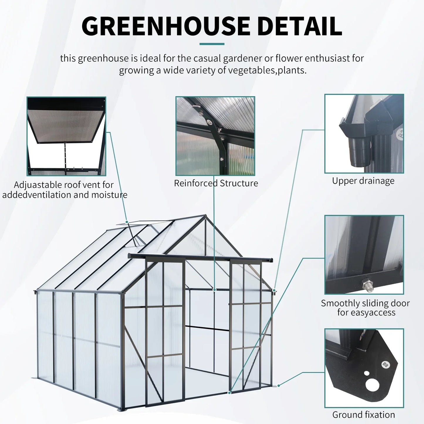 8x8 FT Modern Black Polycarbonate Greenhouse – Heavy Duty Double Door Walk-In