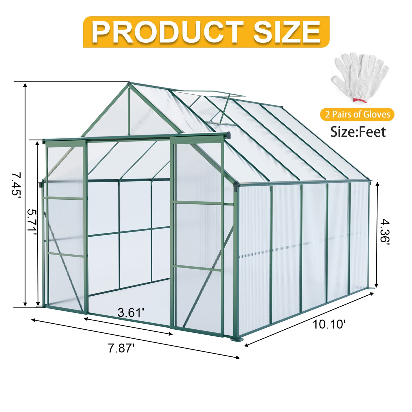 8x10 FT Premium Green Polycarbonate Greenhouse – Heavy Duty Double Door Walk-In