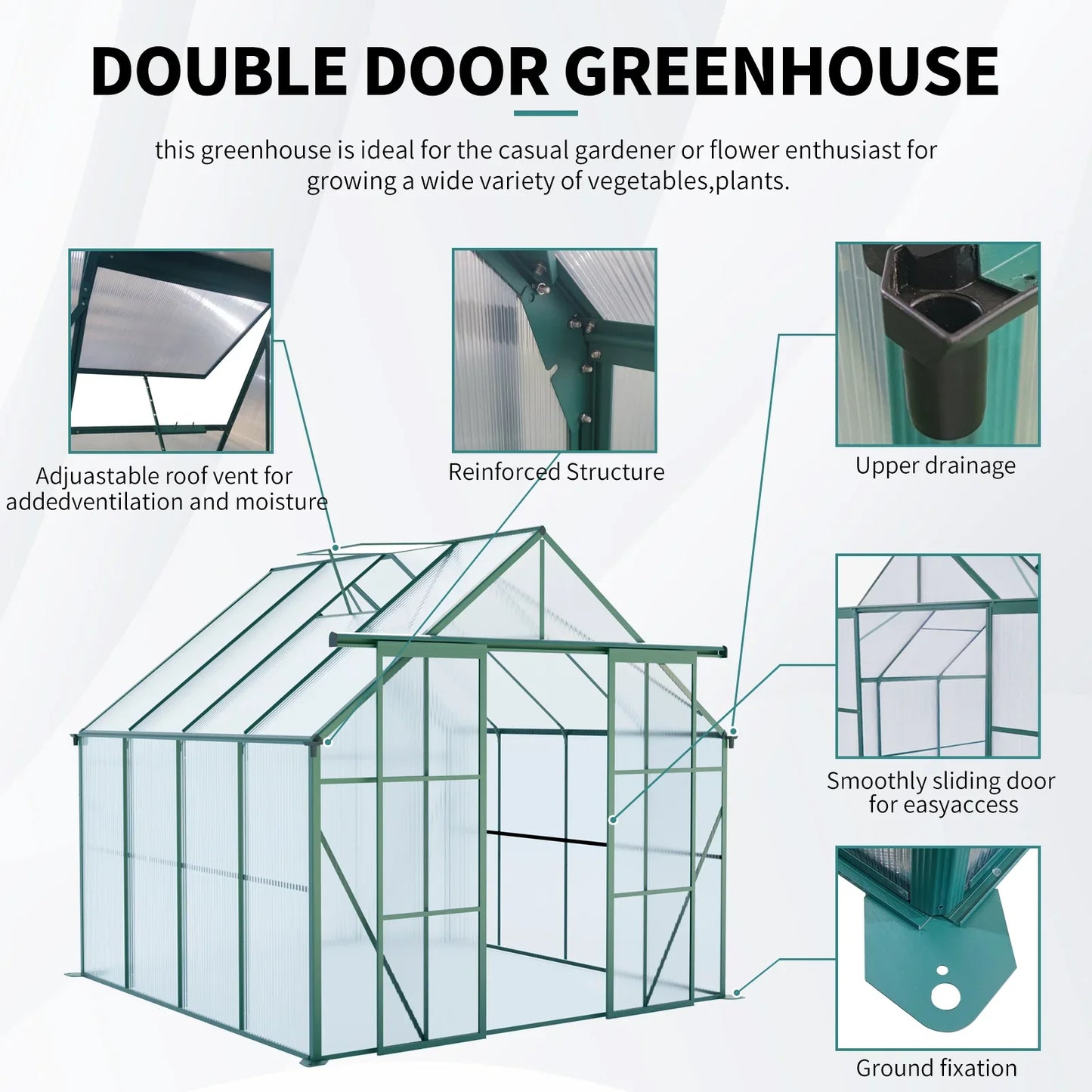 8x8 FT Premium Green Polycarbonate Greenhouse – Heavy Duty Double Door Walk-In