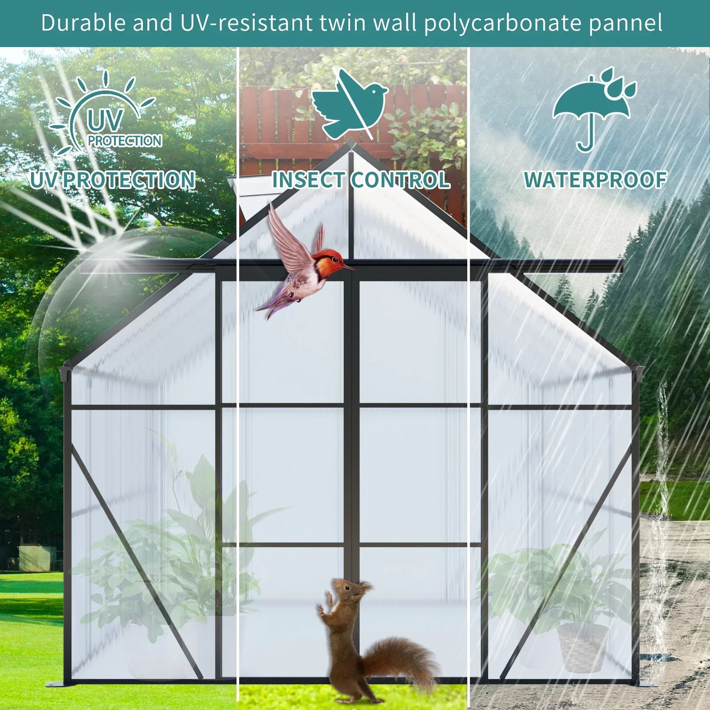 8x8 FT Modern Black Polycarbonate Greenhouse – Heavy Duty Double Door Walk-In