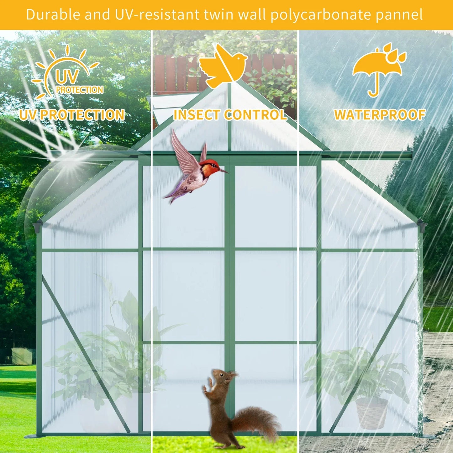 8x8 FT Premium Green Polycarbonate Greenhouse – Heavy Duty Double Door Walk-In
