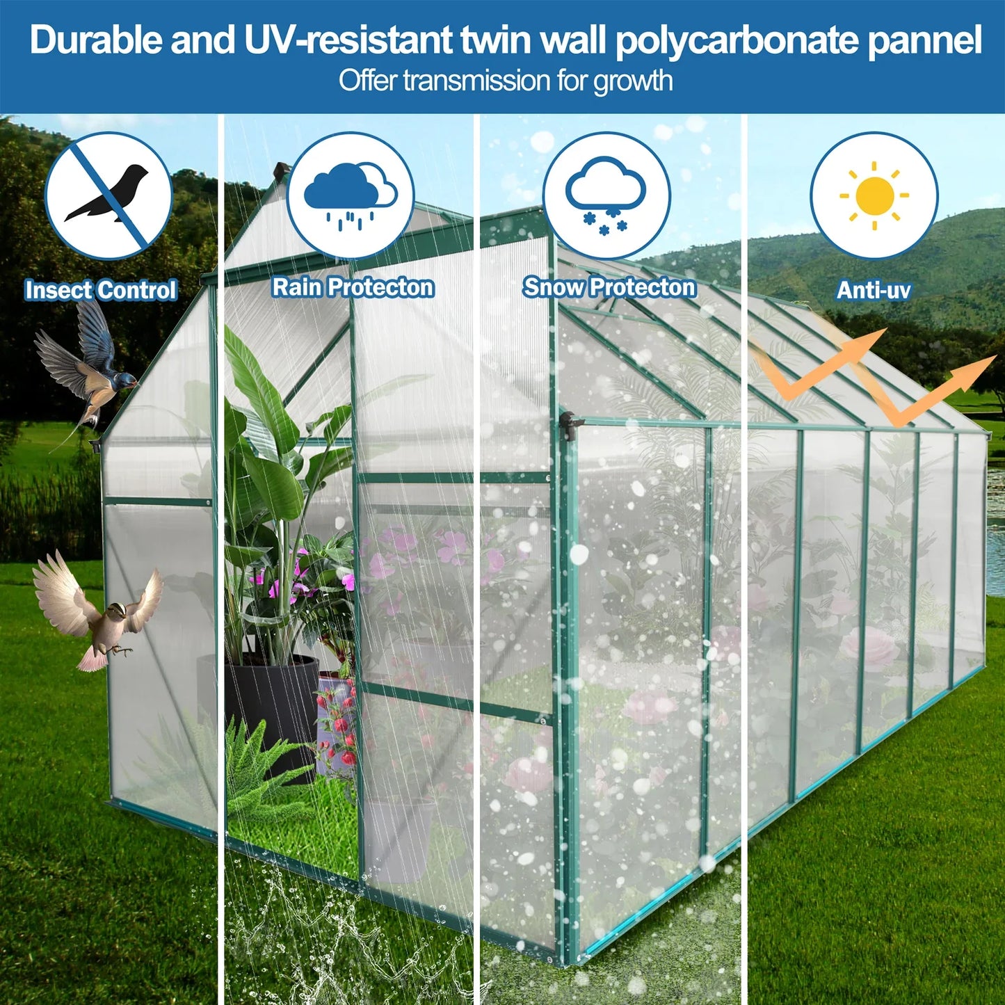 6x12 FT Green Heavy-Duty Polycarbonate Greenhouse – Extra-Long All-Season Walk-In