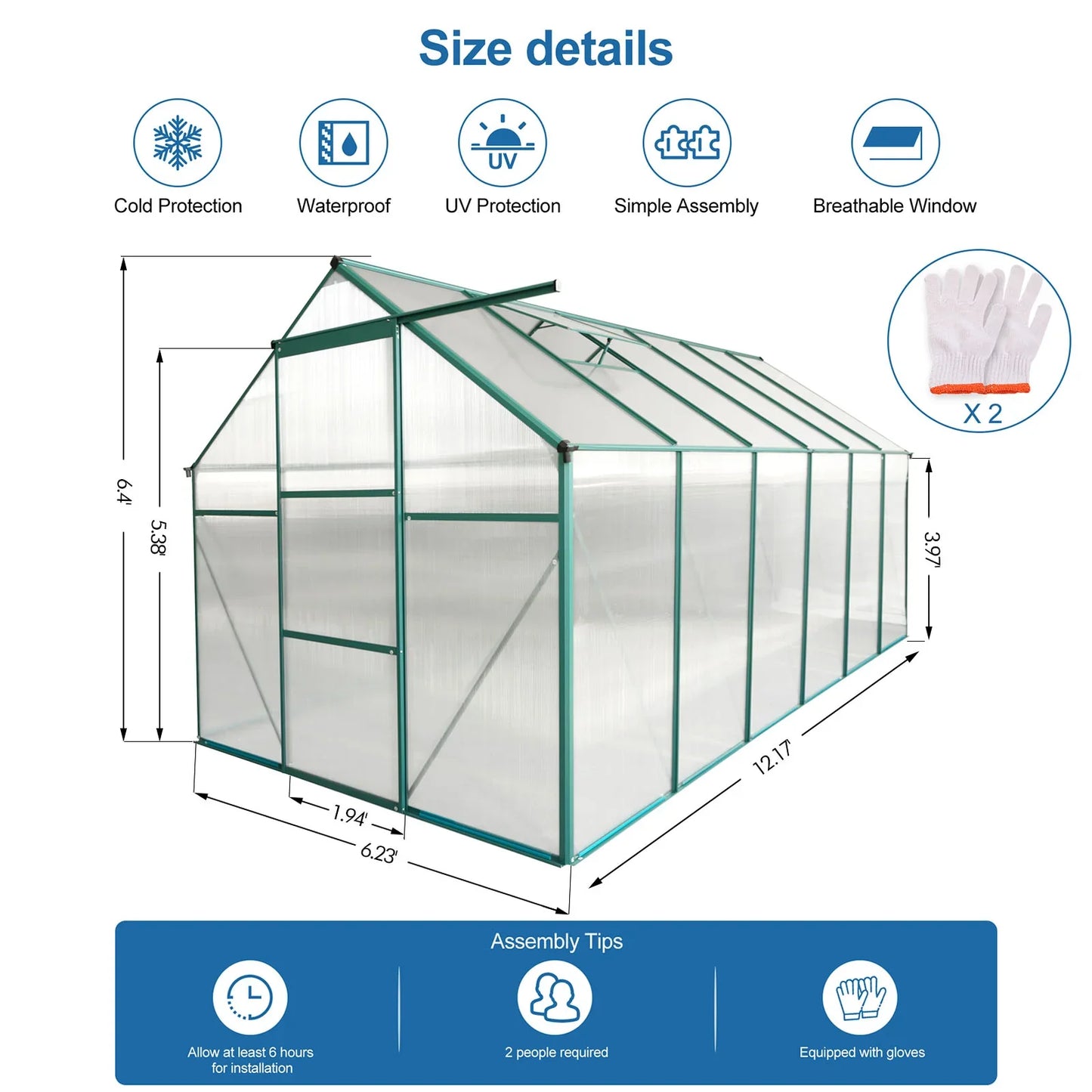 6x12 FT Green Heavy-Duty Polycarbonate Greenhouse – Extra-Long All-Season Walk-In