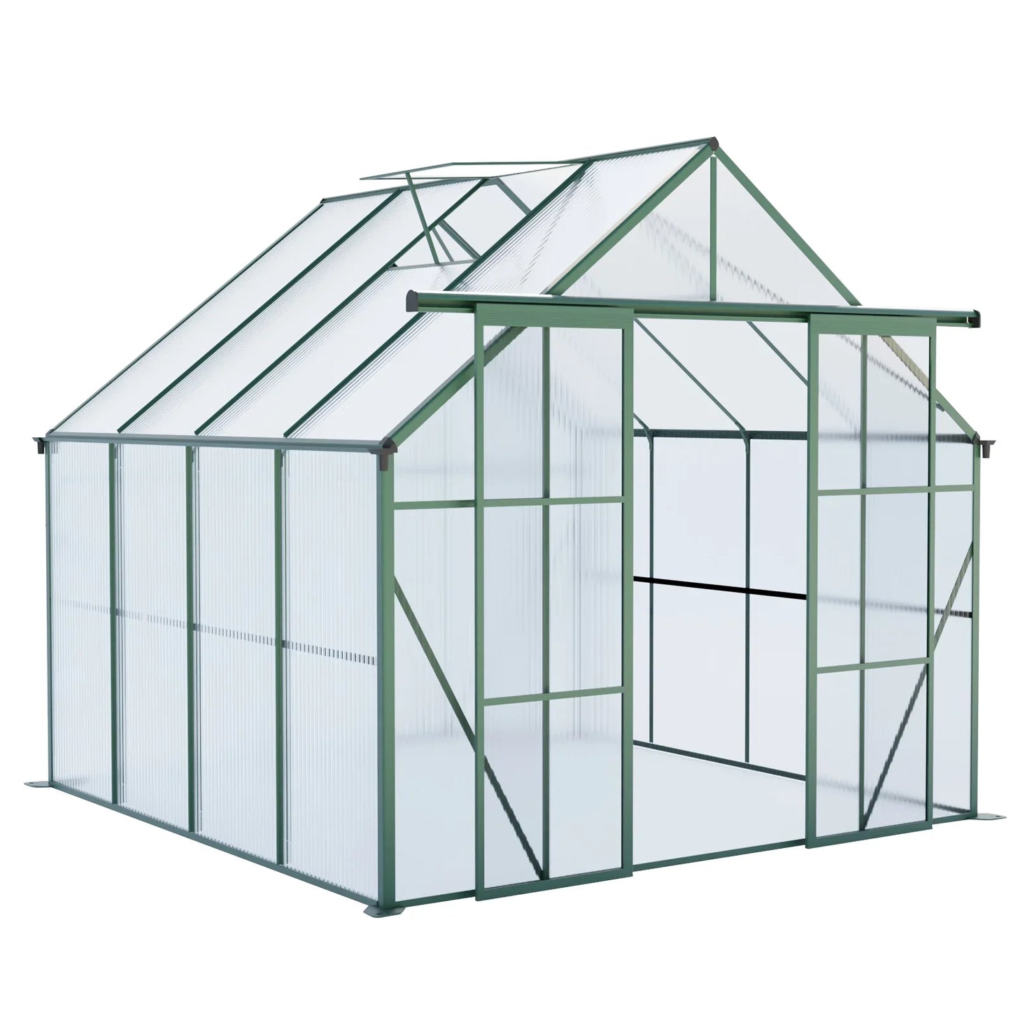 8x8 FT Premium Green Polycarbonate Greenhouse – Heavy Duty Double Door Walk-In