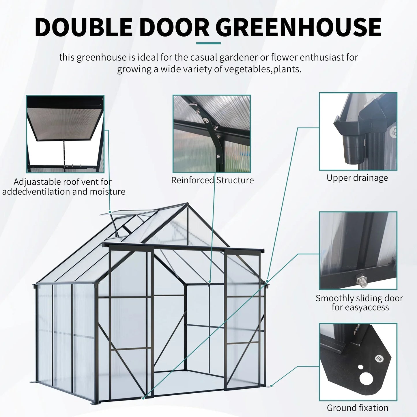 8x6 FT Modern Black Polycarbonate Greenhouse – Heavy Duty Double Door Walk-In